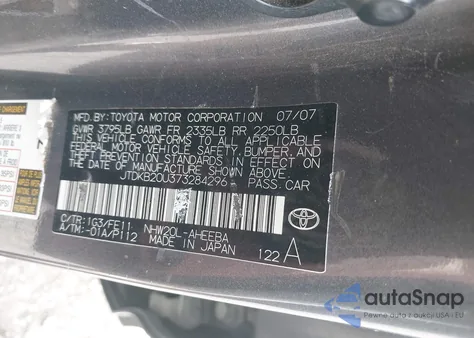 2007 Toyota Prius z USA, uszkodzony, nr VIN JTDKB20U373284296